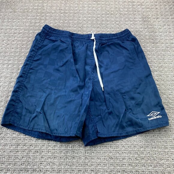 Vintage 90s Umbro Soccer Shorts Men Medium M Navy Blue Checkered Athletic 1990s - Picture 1 of 11